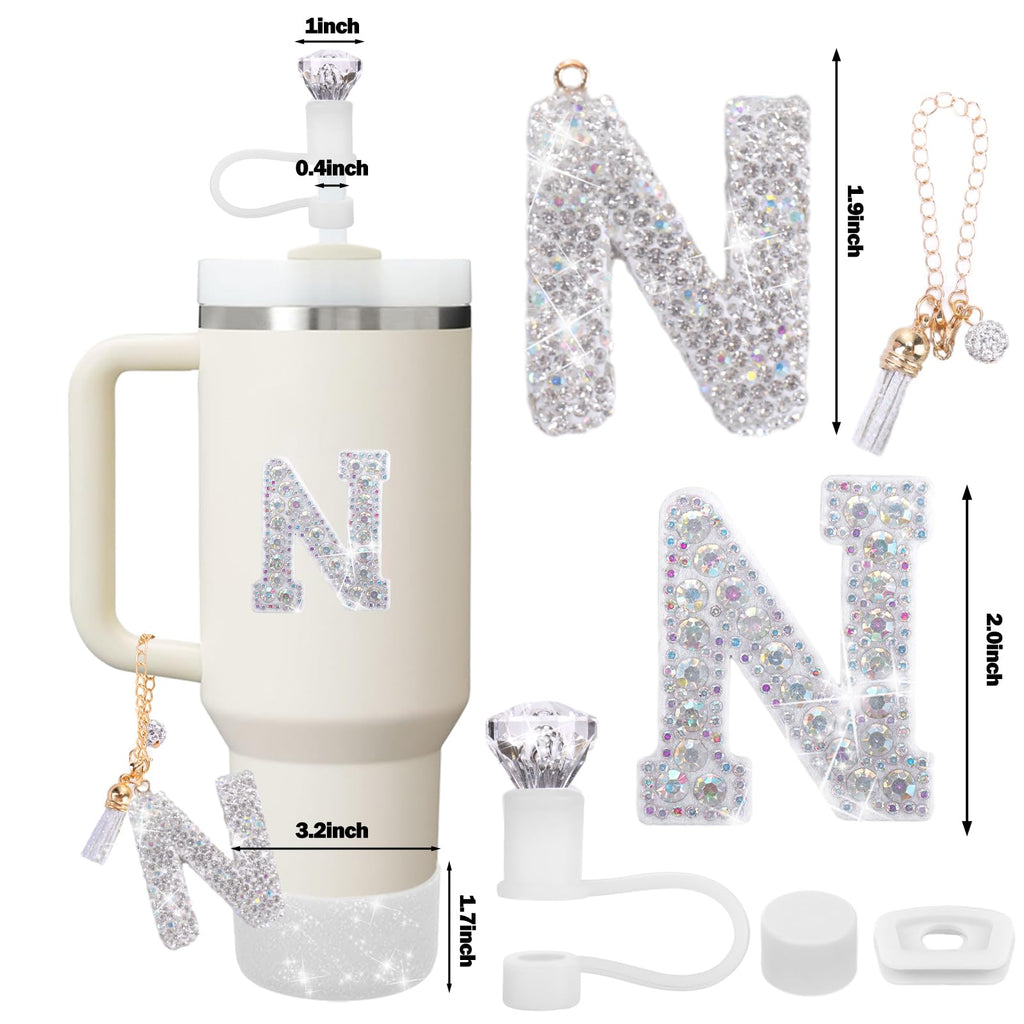 Mity rain Accessories Set for Stanley Cup, Initials Decorations for Tumbler Cup 30/40OZ, Including Diamond Straw Topper/Spill Proof Stopper/Sparkly Silicone Boot Set/Letter Charms for Handle A-Z (A-)