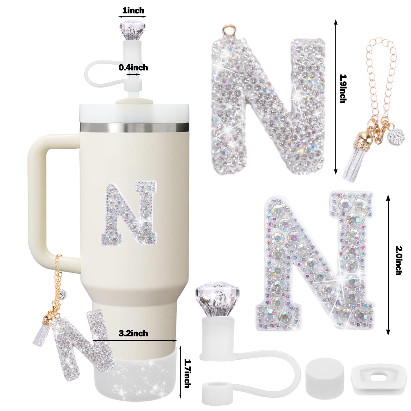 Mity rain Accessories Set for Stanley Cup, Initials Decorations for Tumbler Cup 30/40OZ, Including Diamond Straw Topper/Spill Proof Stopper/Sparkly Silicone Boot Set/Letter Charms for Handle A-Z (A-)