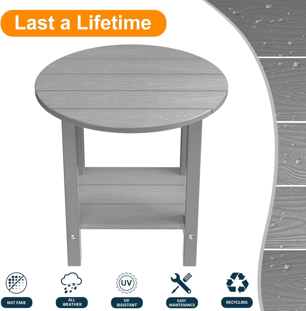 MXIMU Round Outdoor Side Table Adirondack Tables 18 Inch Chairside End Tables with Storage Shelf, 2-Tier Plastic Patio Side Table for Balcony Backyard Lawn (Black, 1 Pack)