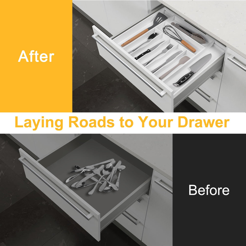 Expandable Acacia Kitchen Drawer Organizer for Cutlery and Utensils, Adjustable Acacia Wood Cutlery Tray in Drawer for Flatware and Silverware in Kitchen