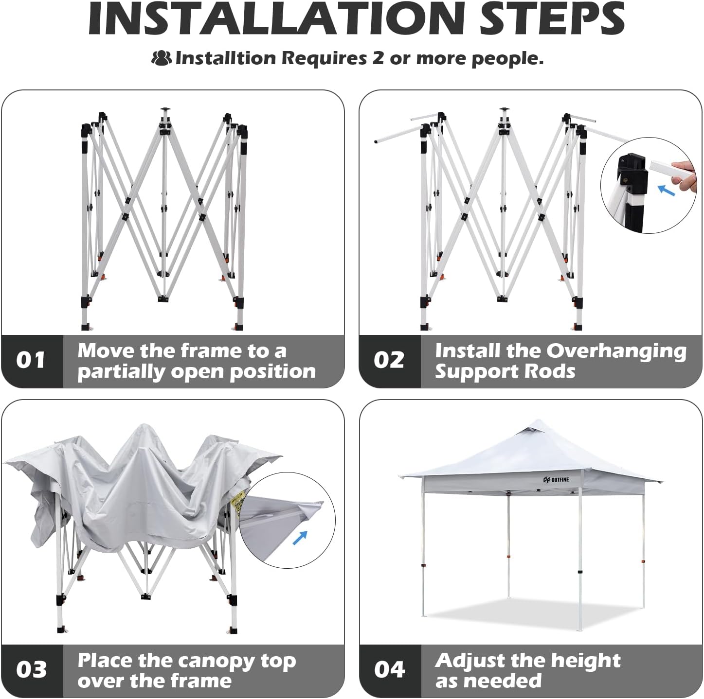 OUTFINE 10×10 Pop Up Canopy-Heavy Duty Canopy Tent with Sturdy Metal Frame(8×8 Base), Carrying Bag, Sandbags×4,Tent Stakes×8 for Events,Camping&Parties(White,10 * 10FT)