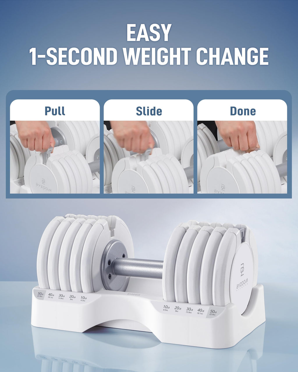 BYZOOM FITNESS Pure Series Adjustable Dumbbell - 12.5/25/27.5/50/55/75lb - ONE UNIT OR PAIR(check QTY before purchase) - 5-in-1/ 10-in-1 / 15-in-1 / 21-in-1 Flexible Hand Weights for Home Apartment Garage Gym, Strength Training & Fitness Workouts, White O