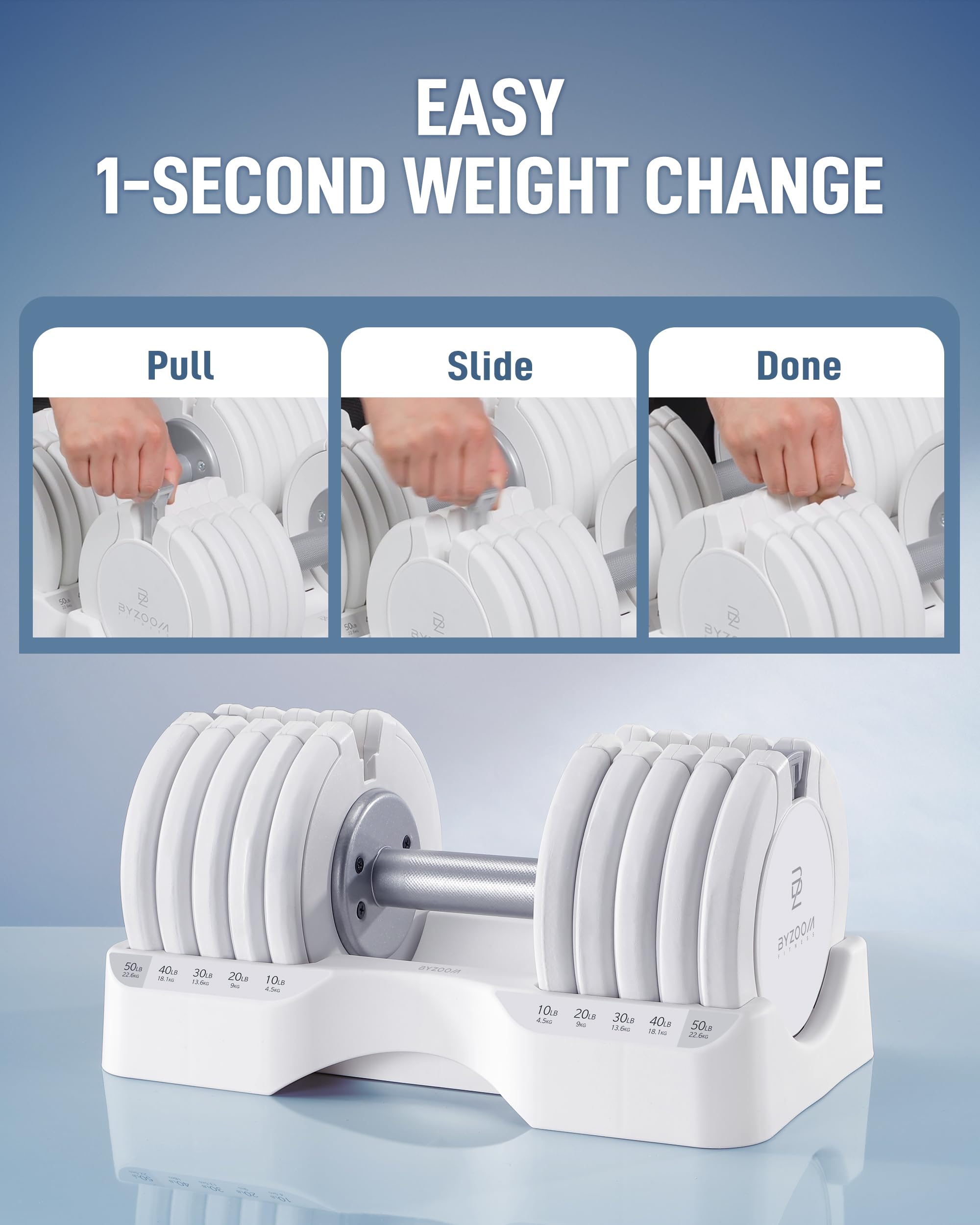 BYZOOM FITNESS Pure Series Adjustable Dumbbell - 12.5/25/27.5/50/55/75lb - ONE UNIT OR PAIR(check QTY before purchase) - 5-in-1/ 10-in-1 / 15-in-1 / 21-in-1 Flexible Hand Weights for Home Apartment Garage Gym, Strength Training & Fitness Workouts, White O