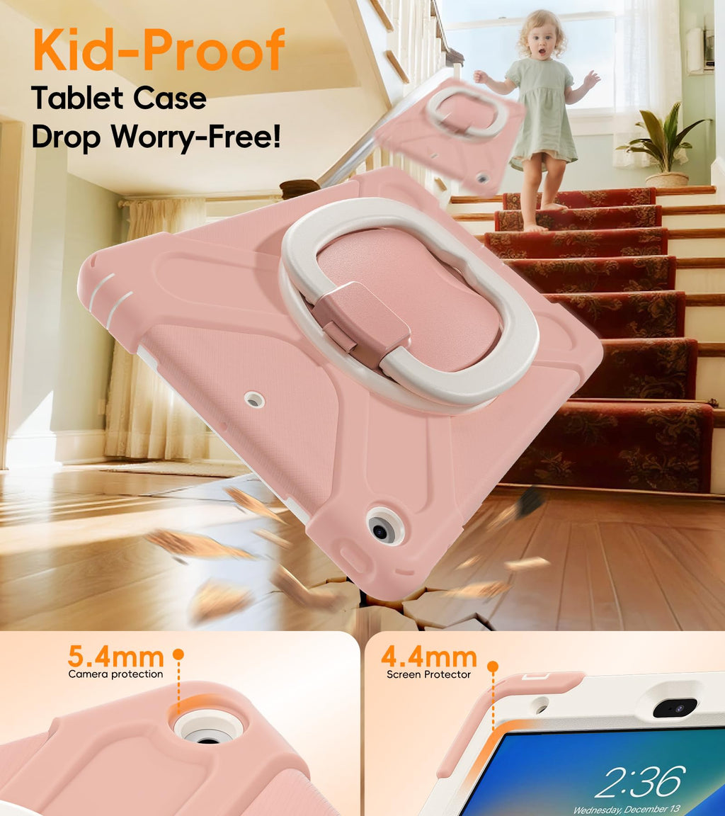BATYUE for iPad 9th/ 8th/ 7th Generation Case (iPad 10.2 inch Rugged Case 2021/2020/2019) with Screen Protector, Rotating Stand/Pencil Holder/Carrying Shoulder Strap (Colourful Pink)