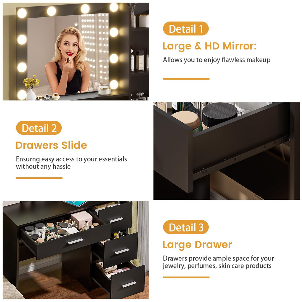 Vanity Desk with Lighted Mirror, Black Vanity with 4 Drawers,Makeup Vanity with Storage Shelves and Power Outlet,10 Lights with 3 Color Modes Brightness Adjustable for Girls’ Bedroom (Black)