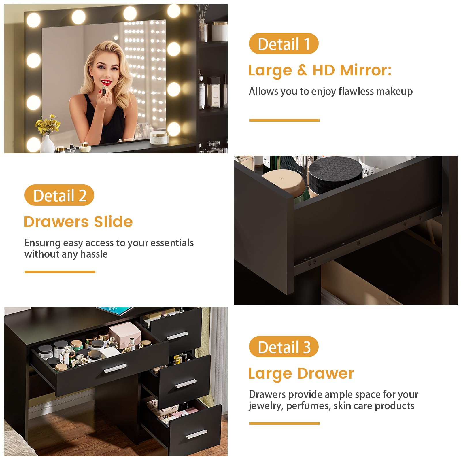 Vanity Desk with Lighted Mirror, Black Vanity with 4 Drawers,Makeup Vanity with Storage Shelves and Power Outlet,10 Lights with 3 Color Modes Brightness Adjustable for Girls’ Bedroom (Black)
