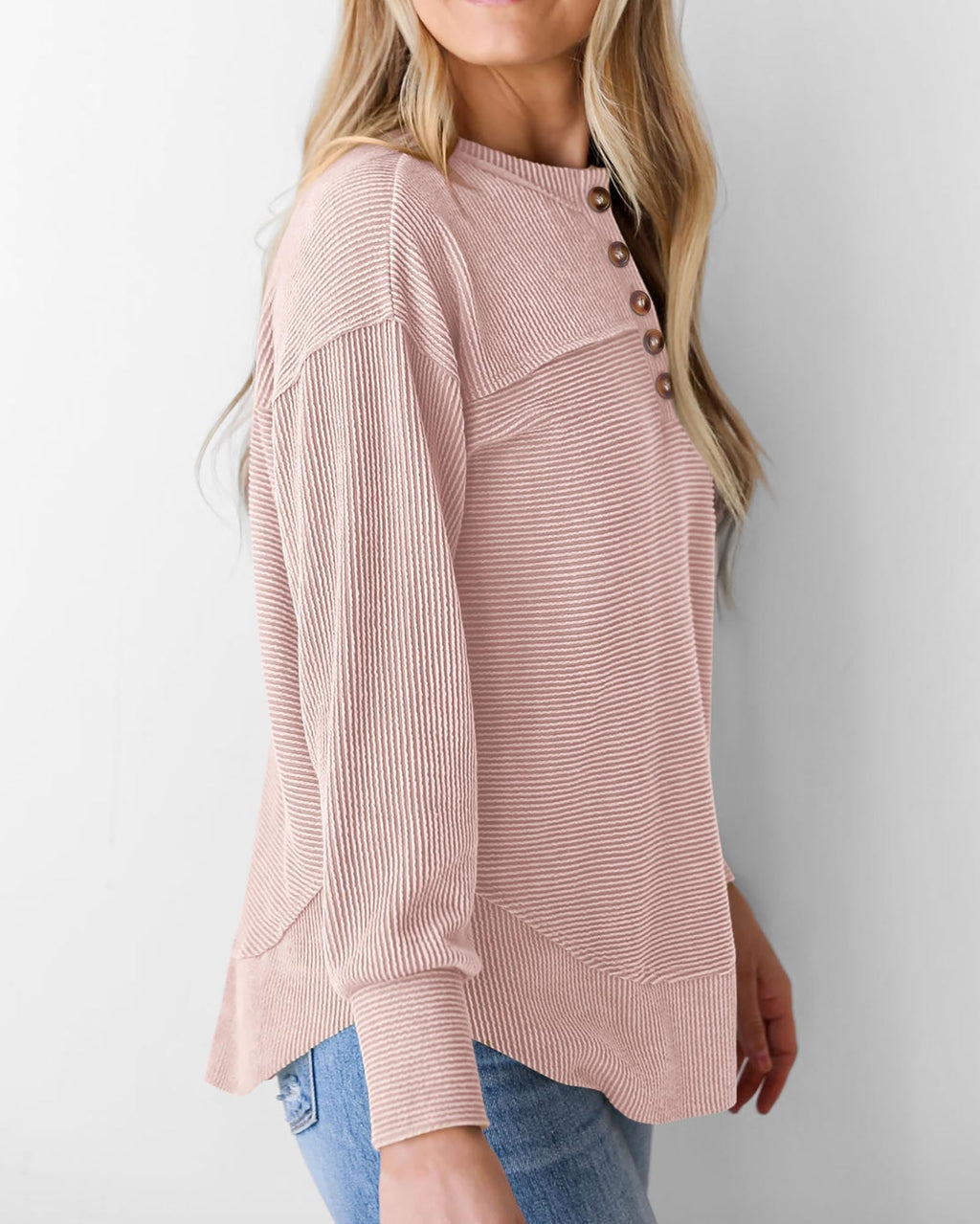 KIRUNDO Going Out Tops for Women Henley Shirts 2025 Casual Ribbed Knit Long Sleeve Tunic Summer Fall Button V Neck Blouse