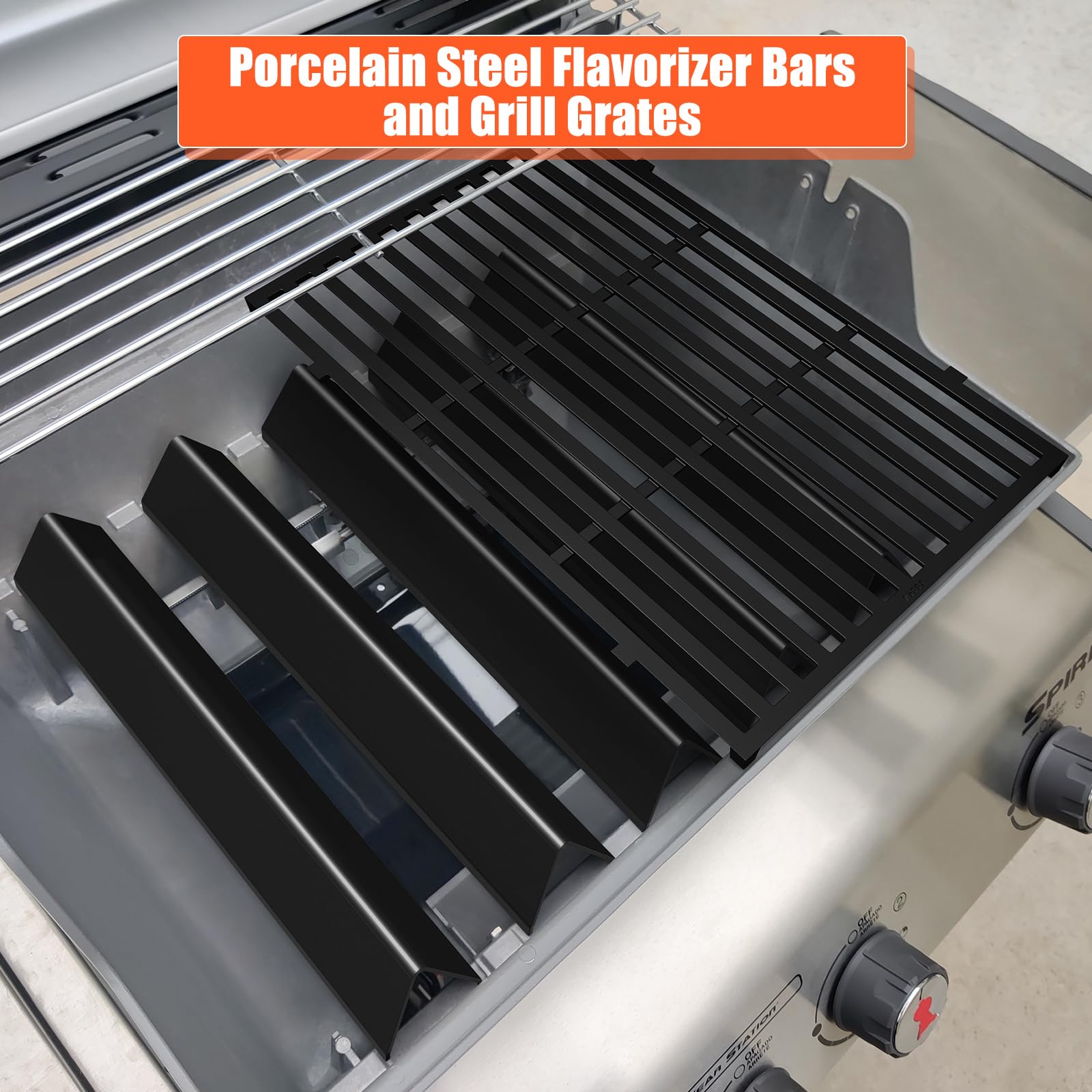 Grill Parts for Weber Genesis 300 Grills with Front Control Knob, Grill Grates for Genesis E310 S310 E/S320 E/S330, 17.5" Flavorizer Bars&Heat Deflectors, 19.5" Grill Grates for Weber 7524 7621 65505