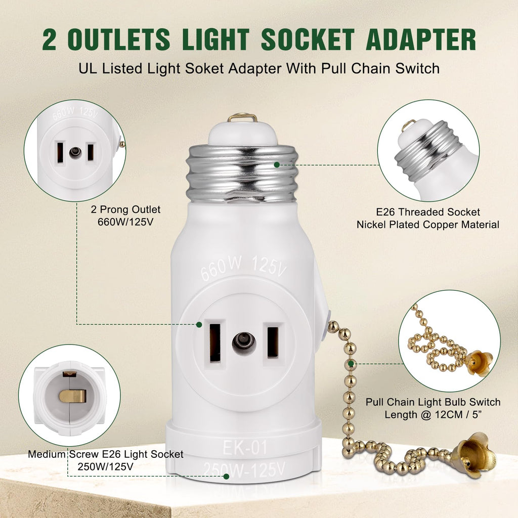 2-Pack E26 Light Socket Adapter - Converts Medium Screw Socket to Two Outlets With Pull Chain Switch - UL Listed, White