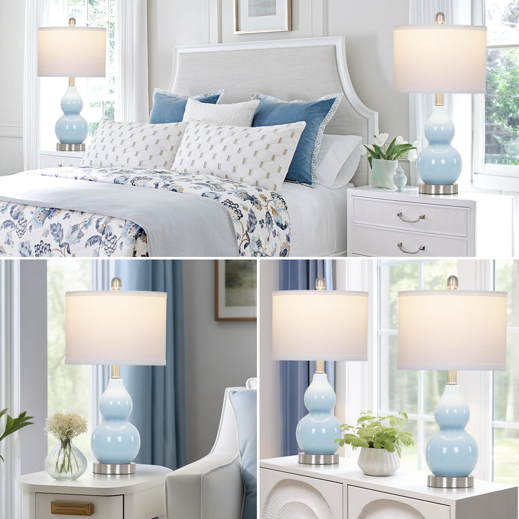 Rinweey Double Gourd Ceramic Table Lamps Set of 2, Modern Blue Bedside Lamps for Night Stand, Contemporary Nightstand Lamps for Bedroom Living Room (Bulb Included)