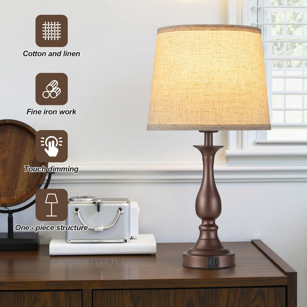 Bedside Table Lamp Touch Control Bedroom Lamps with USB A and C Charging Port 3 Way Dimmable Touch Lamps for Nightstand Living Room Bedroom Dorm Home Office Reading, Set of 2