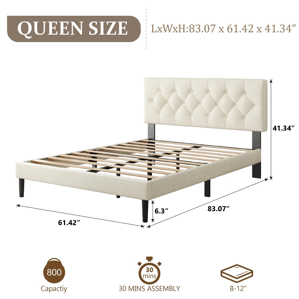 CXVX Full Size Platform Bed Frame with Upholstered Headboard, Button Tufted Design, Strong Wooden Slats, No Box Spring Needed, Easy Assembly, Noise Free