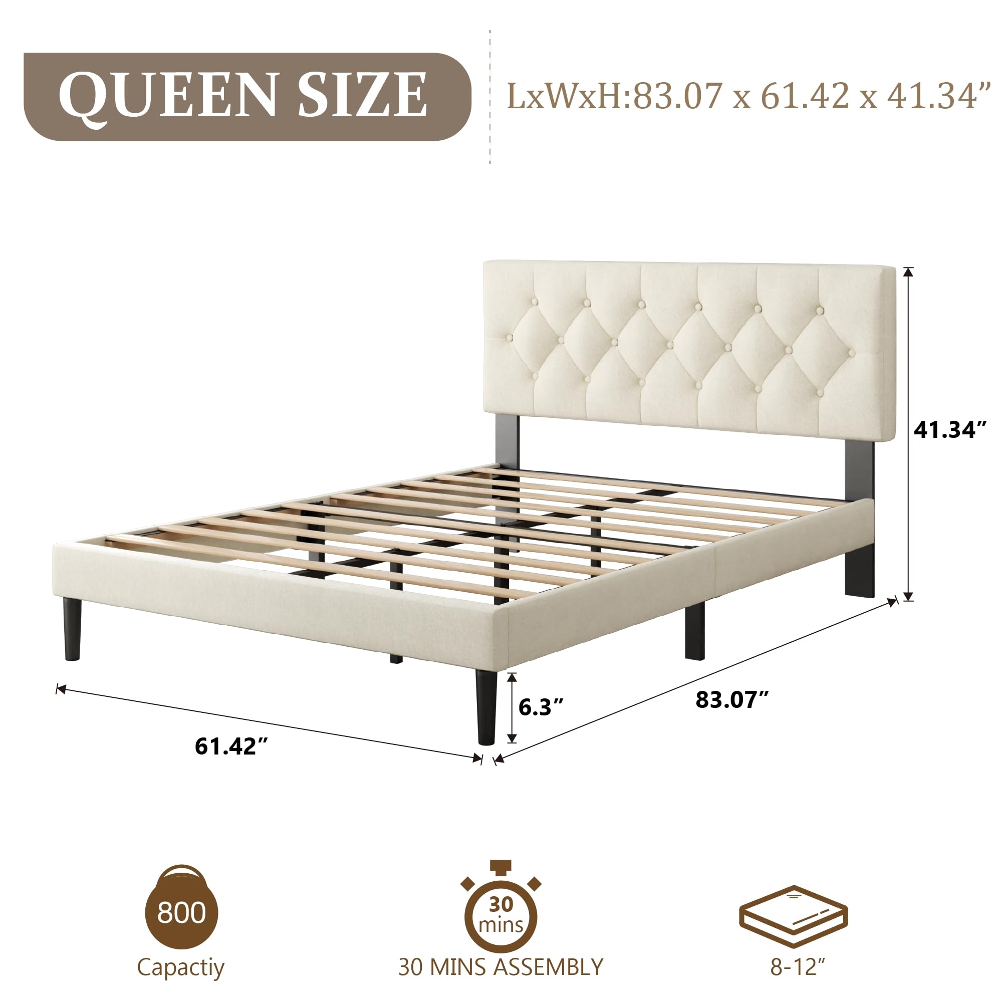 CXVX Full Size Platform Bed Frame with Upholstered Headboard, Button Tufted Design, Strong Wooden Slats, No Box Spring Needed, Easy Assembly, Noise Free