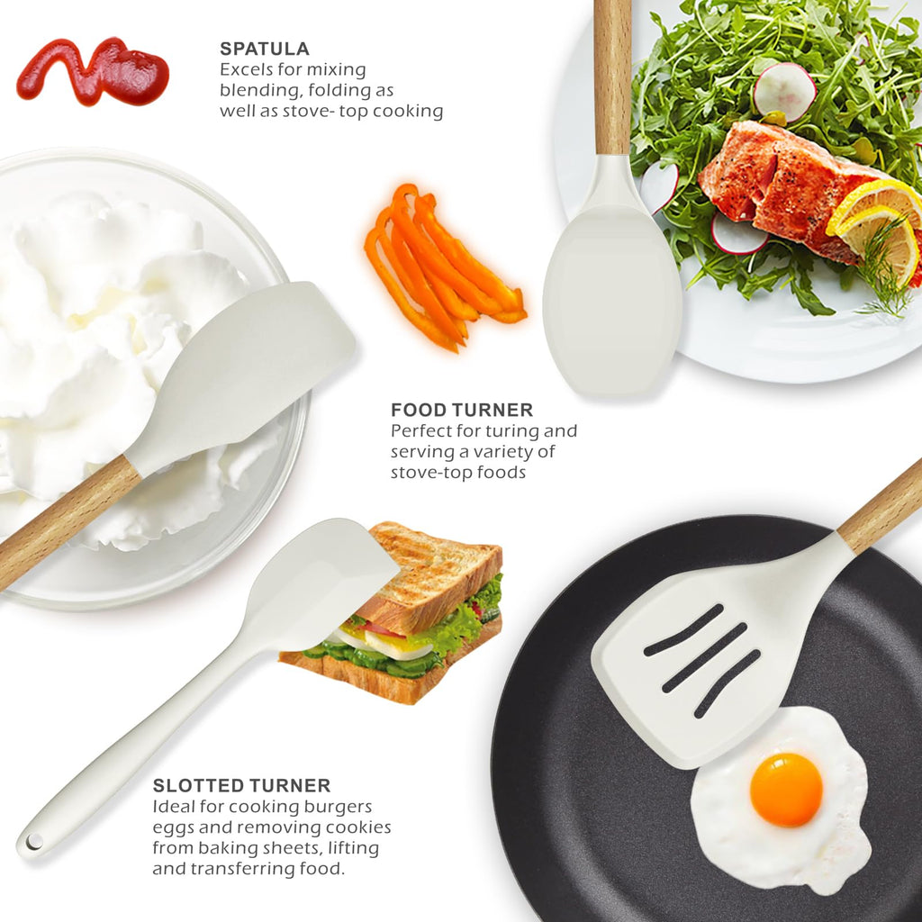 oannao Silicone Cooking Utensils Set - 446°F Heat Resistant Silicone Kitchen Utensils for Cooking,Kitchen Utensil Spatula Set w Wooden Handles, BPA FREE Gadgets for Non-Stick Cookware (Black)
