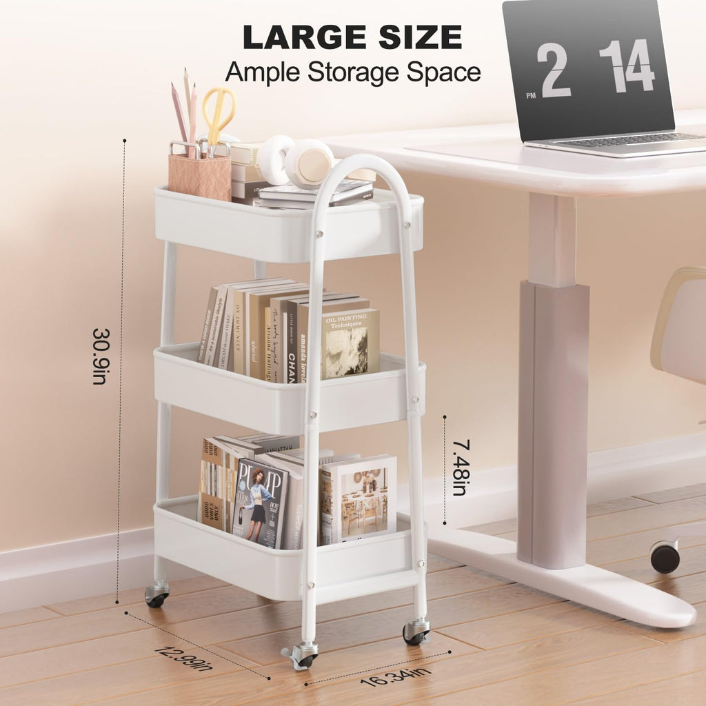 EAGMAK 3 Tier Rolling Cart, Large Metal Storage Cart with Handle and Lockable Wheels, Big Multifunctional Storage Organizer Trolley with Mesh Baskets for Kitchen, Living Room, Office, Garage (Beige)