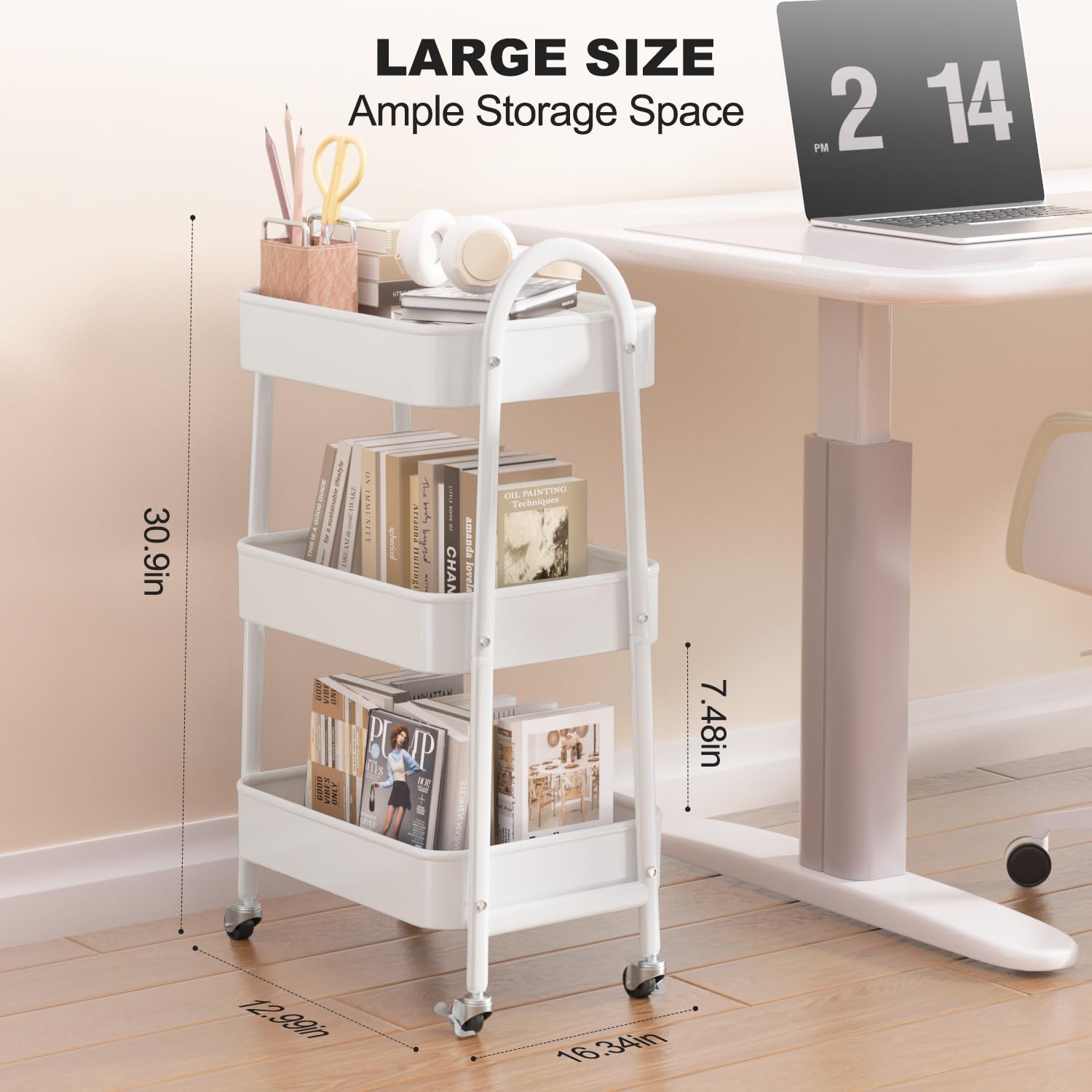 EAGMAK 3 Tier Rolling Cart, Large Metal Storage Cart with Handle and Lockable Wheels, Big Multifunctional Storage Organizer Trolley with Mesh Baskets for Kitchen, Living Room, Office, Garage (Beige)