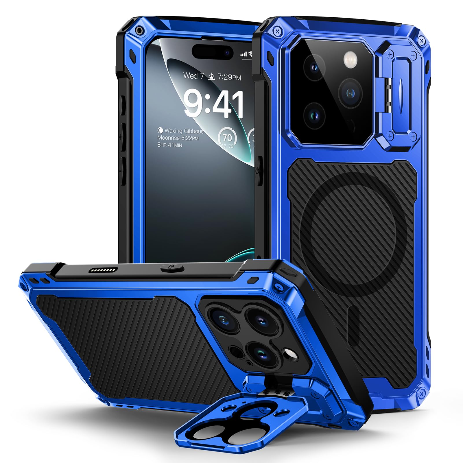 Lanhiem for iPhone 16 Metal Case with Camera Cover & Stand [Compatible with MagSafe] [Built-in Kickstand] [Military-Grade Protection] Heavy Duty Rugged Magnetic Phone Case, Black