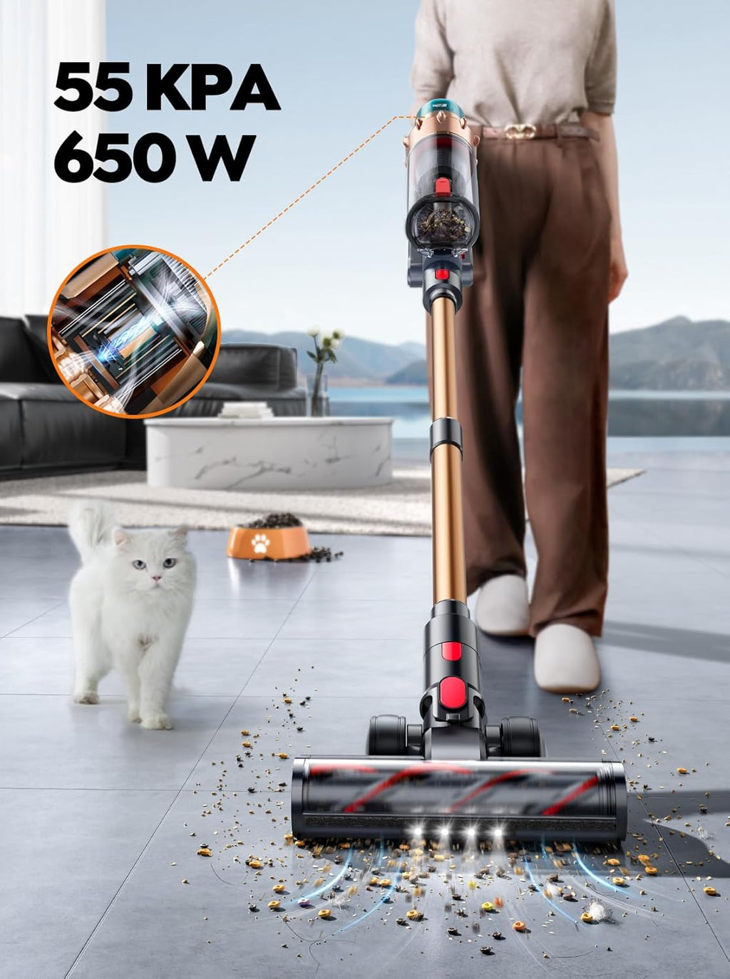 Cordless Vacuum Cleaner, 650W 55KPA 70 Mins Runtime Self-Standing Vacuum Cleaners for Home, Stick Vacuum with Charging Dock Station Removable Battery, Handheld Vacuum for Pet Hair/Carpet/Floor