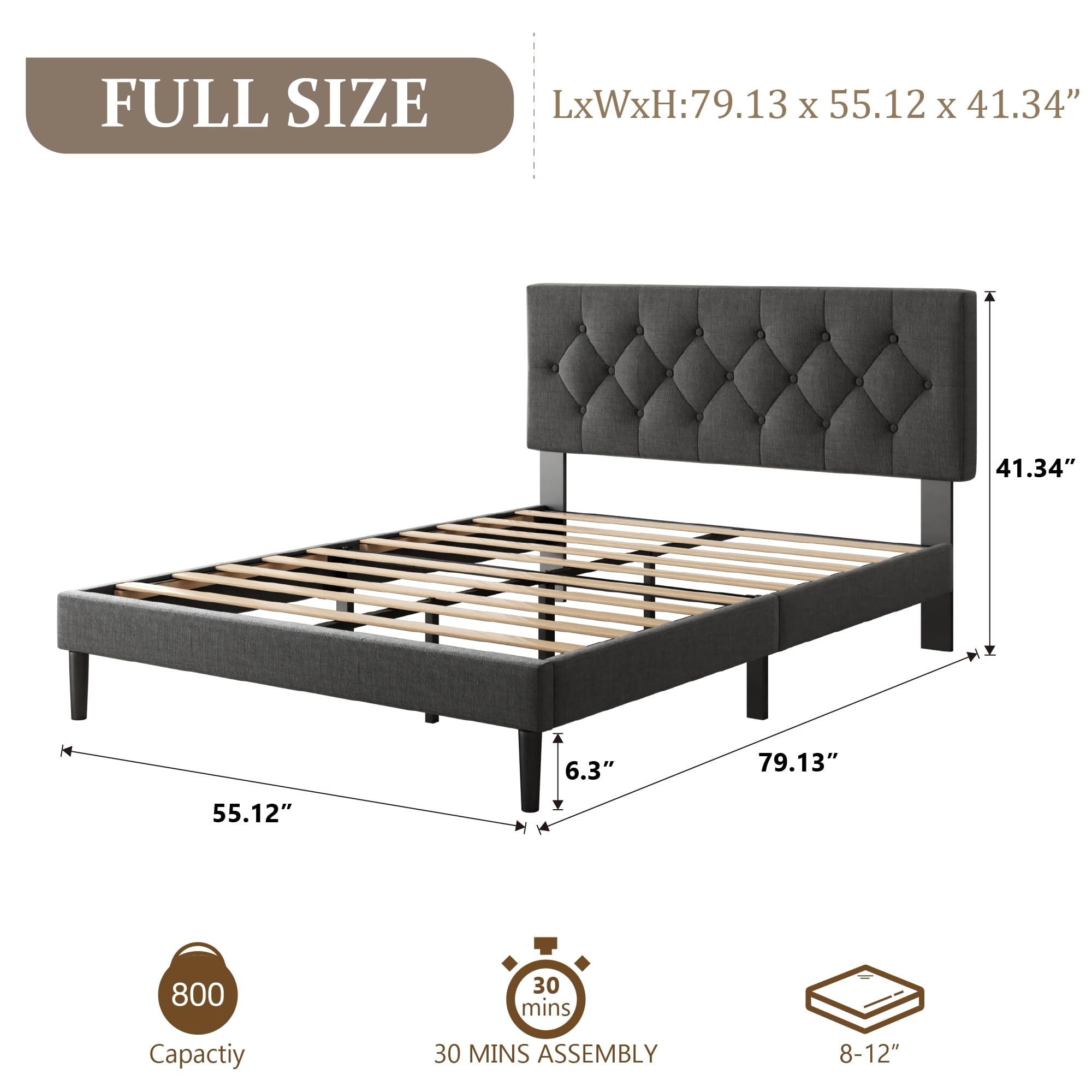 CXVX Full Size Platform Bed Frame with Upholstered Headboard, Button Tufted Design, Strong Wooden Slats, No Box Spring Needed, Easy Assembly, Noise Free