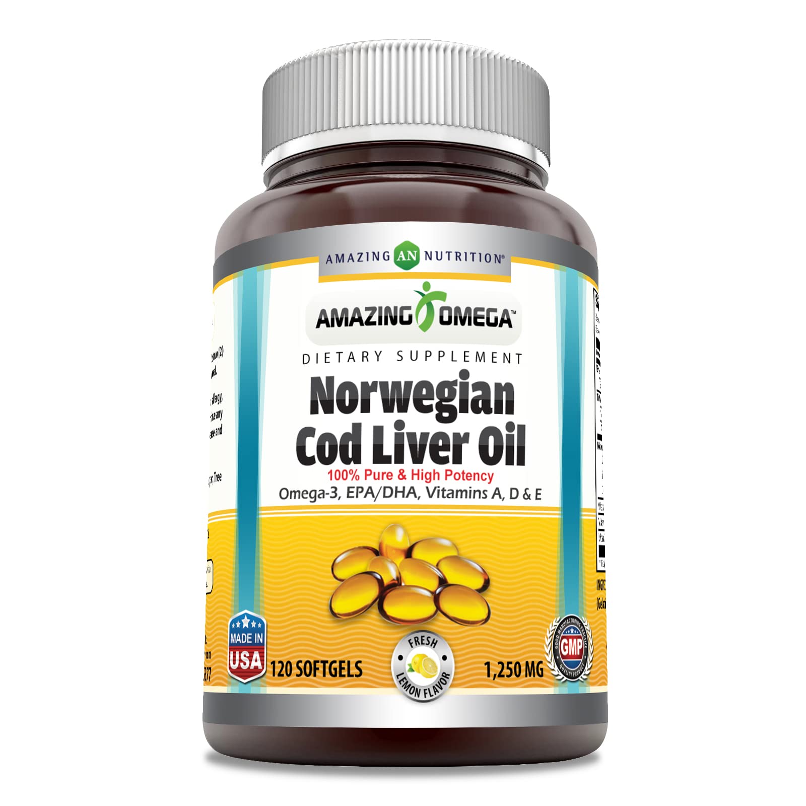 Amazing Omega Norwegian Cod Liver Oil 1250 Mg Softgels Supplement | Omega-3, EPA, DHA, Vitamin A, Vitamin D & Vitamin E (Lemon | 60 Count)