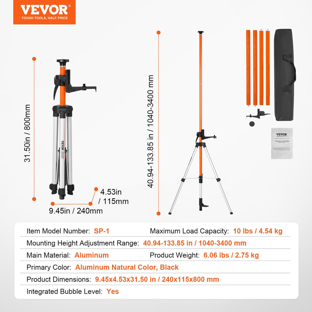 VEVOR Laser Level Tripod Stand, 5/8"-11 Thread Mount, 16.53-65.55 inch Height Adjustment Heavy Duty Survey Tripod for Construction Laser Level Scanner, Retractable Legs Non-Skid Feet Professional