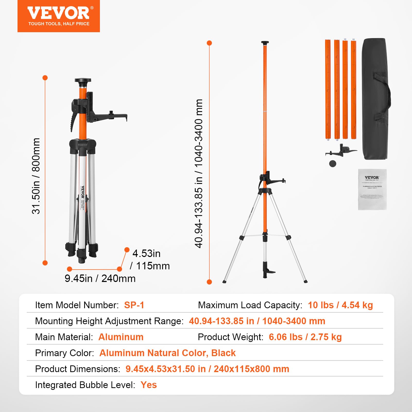 VEVOR Laser Level Tripod Stand, 5/8"-11 Thread Mount, 16.53-65.55 inch Height Adjustment Heavy Duty Survey Tripod for Construction Laser Level Scanner, Retractable Legs Non-Skid Feet Professional