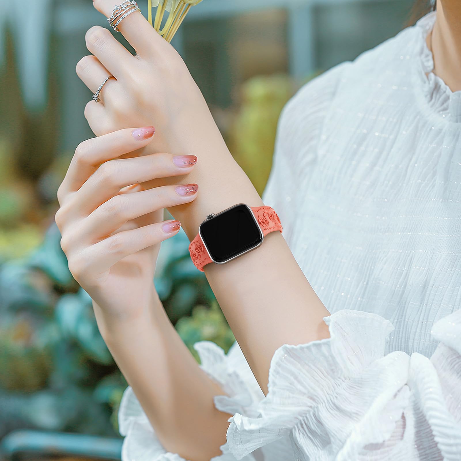 Floral Engraved Band Compatible with Apple Watch Band 40mm 41mm 38mm 42mm 44mm 45mm 46mm 49mm Women, Soft Silicone Cute Embossed Flower Strap for iWatch Band Series SE Ultra 11 10 9 8 7 6 5 4 3 2 1