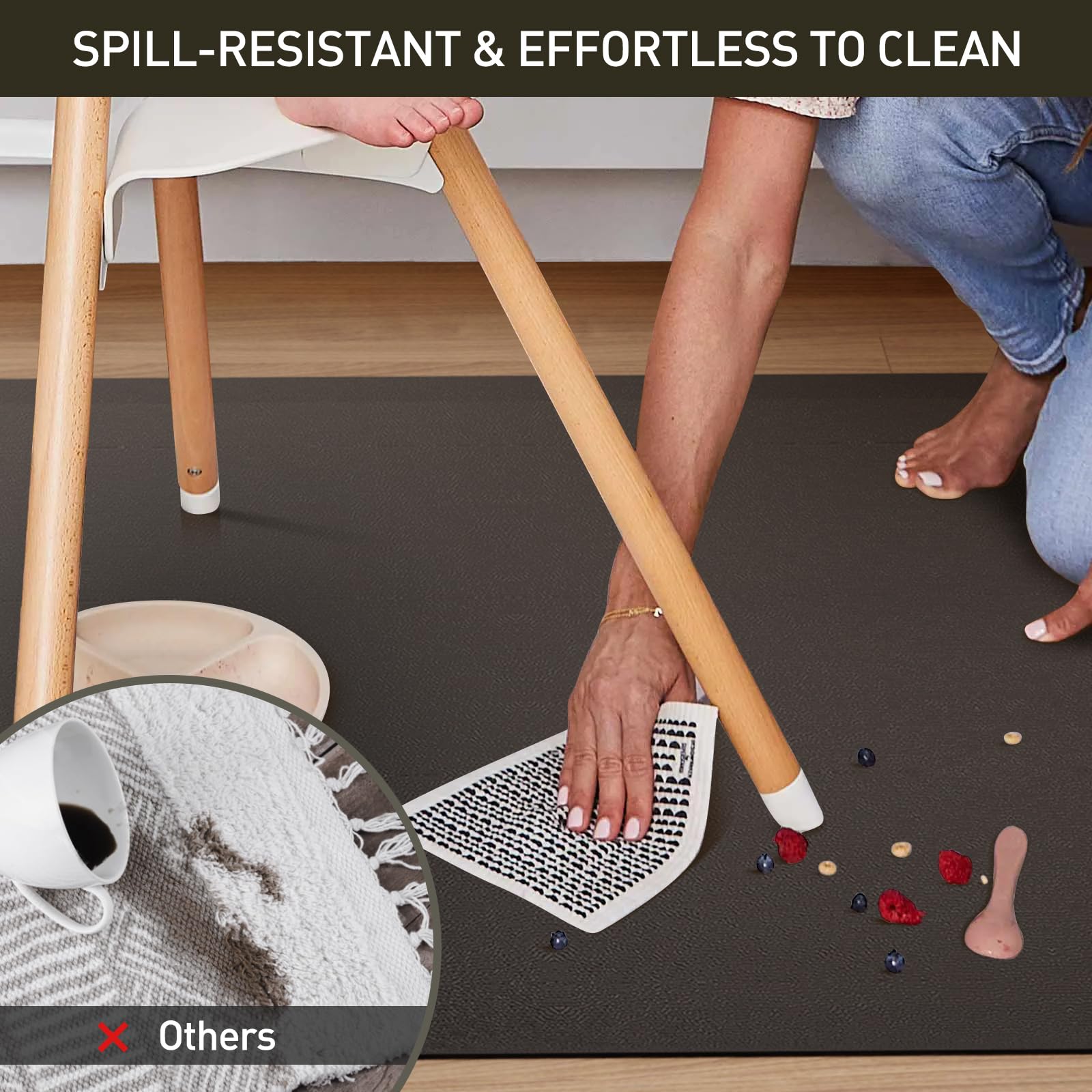 Area Floor Mat for Home, 3'×5' Black No Slip Waterproof Vinyl Area Rug for Hard Floor, Spill Resistant Floor Protector Cover for Kitchen, Easy Clean Splat Mat for Under High Chair