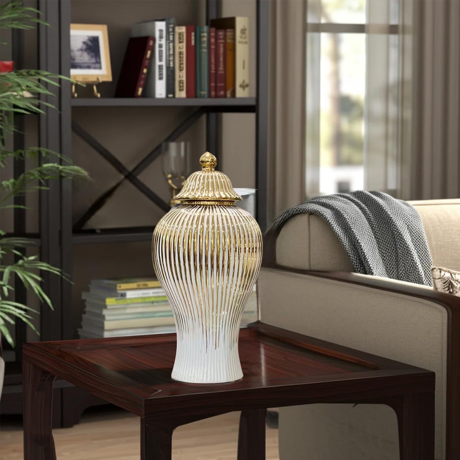 Ginger Jar, White Gold Ceramic Vase Large Handmade Porcelain Vases with Lid, White Gold Decorative Flower Vase for Home, Living Room, Weddings, Centerpieces (18in with Lid)