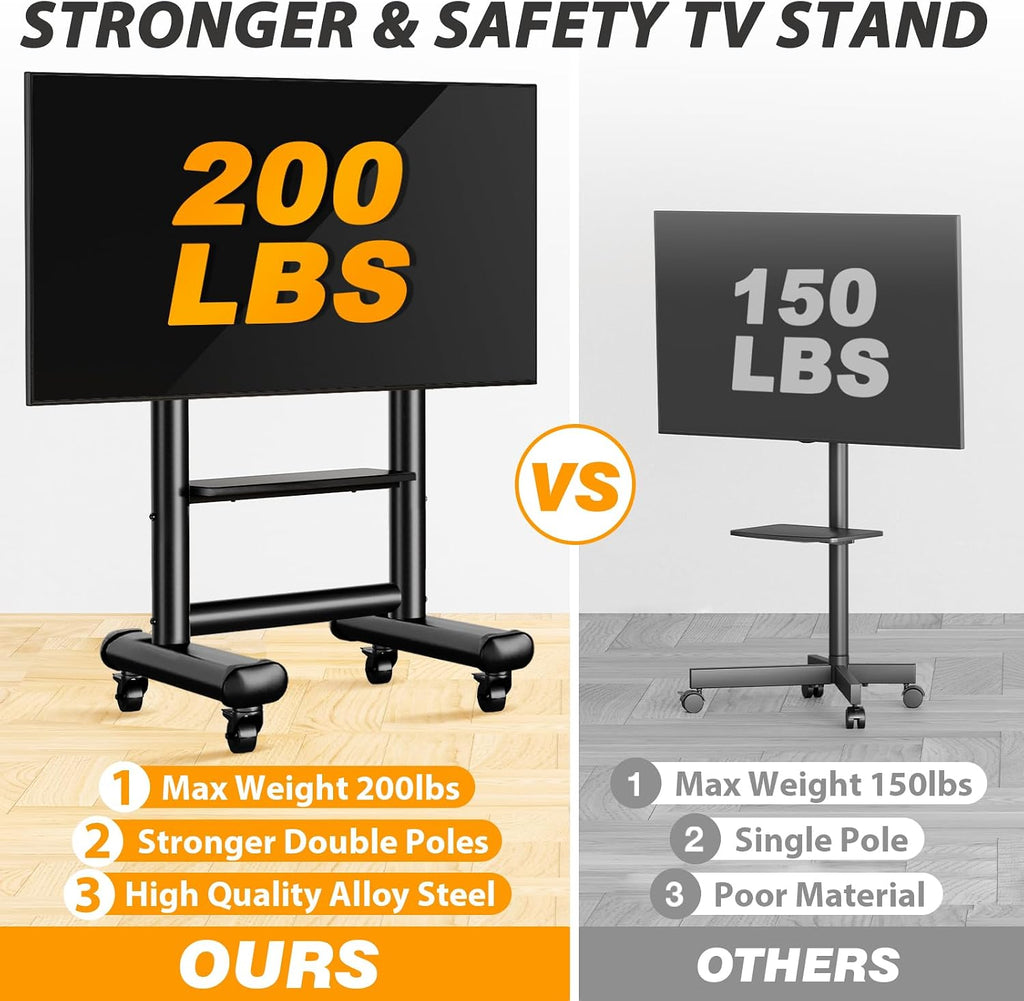 TVON Mobile TV Stand for 50-98 Inch LED LCD OLED 4K Flat/Curved Screen TV Max VESA 800x600mm, Outdoor TV Stand with Height Adjustable and Large Shelf, Floor TV Stand with Wheels Holds up to 150 Lbs