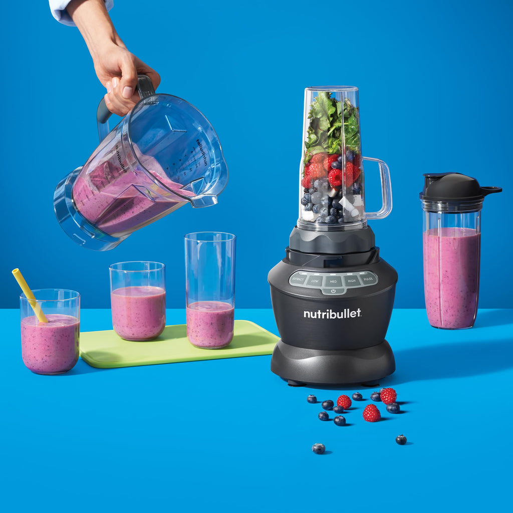 nutribullet Full-Size Blender Combo, Single-Serve & Large Capacity, 1200W, 64oz Pitcher, 32oz Cup, Extractor Blade, 3-Speed, Pulse, Smoothies, Soups, Sauces, Easy Cleaning, Matte Black, NBF50500AK