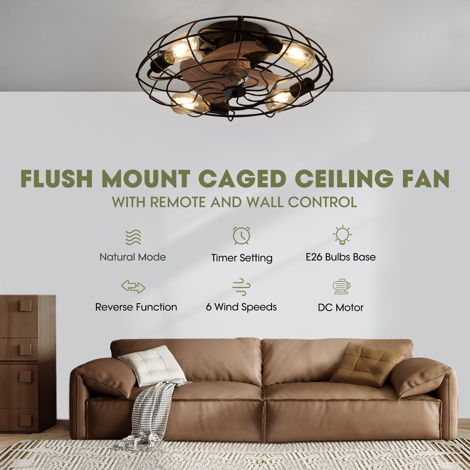 LUDOMIDE Caged Ceiling Fan Light with Remote, 21" Small Flush Ceiling Light with 3 Enclosed Blades and 6 Wind Speeds for Bedroom, Living Room