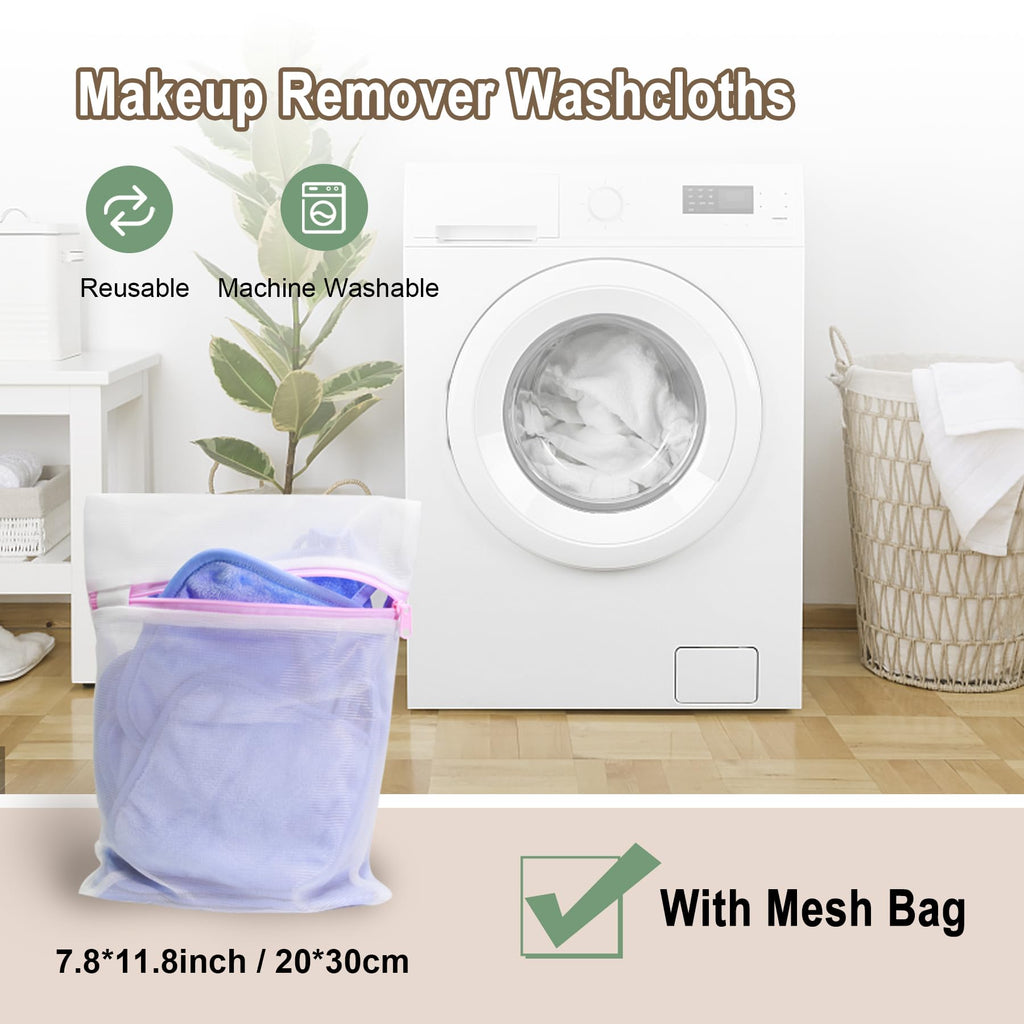 KODAMO Makeup Remover Cloth, Reusable Makeup Remover Pads Washable with Mesh Bag, Microfiber Makeup Removal Face Wash Cloths with Just Water, Gentle Soft, 12 Pack