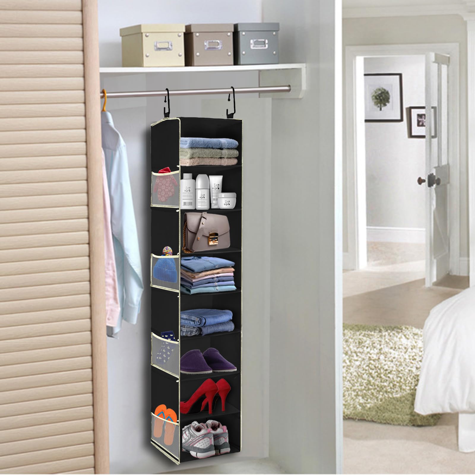 Large-Sized Hanging Shoe Organizer 8-Shelf, Hanging Closet Organizer with 8 Side Pockets, Wider Hanging Shelves for Storage Shoes Clothes 9" W × 11.8" D× 48" H, Beige.