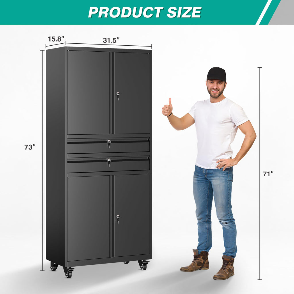 SISESOL Wide & Deep Metal Storage Cabinet with Wheels,Tall Rolling Garage Storage Cabinet with Lock,Black Metal Cabinets with Pegboards and Shelves,Tool Locker for Garage,Home,Office,43''Wx 20''Dx71"H