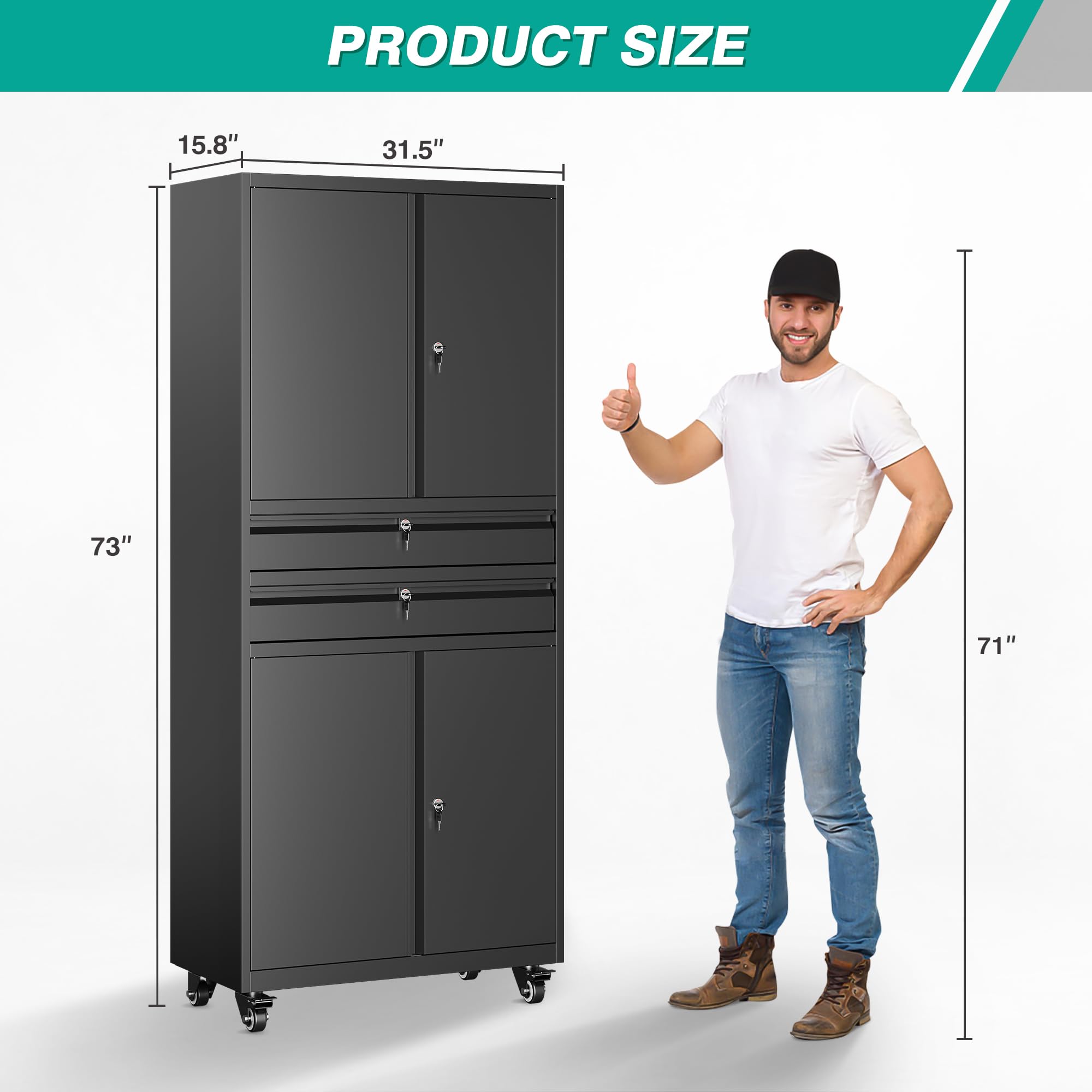 SISESOL Wide & Deep Metal Storage Cabinet with Wheels,Tall Rolling Garage Storage Cabinet with Lock,Black Metal Cabinets with Pegboards and Shelves,Tool Locker for Garage,Home,Office,43''Wx 20''Dx71"H