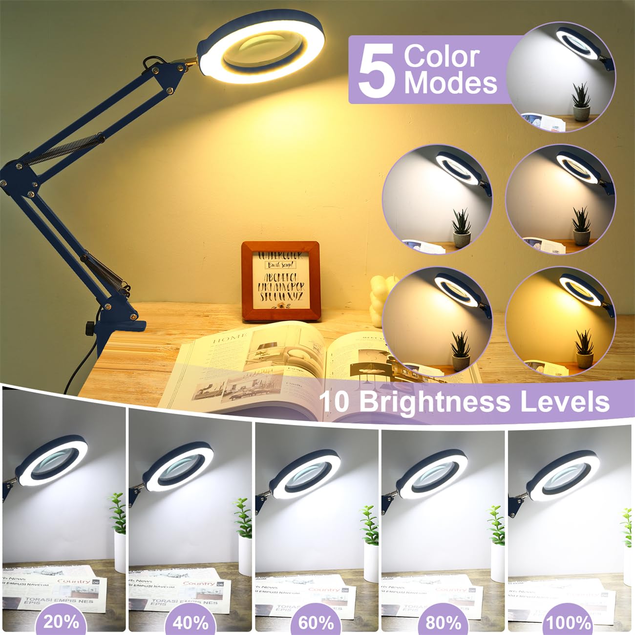 12X Magnifying Glass with Light and Stand, Real Glass, 5 Color Modes, Brightness Stepless Dimmable Lighted Magnifier Hands Free, 2-in-1 Desk Lamp & Clamp Light, Magnifier Lamp for Close Work, Reading
