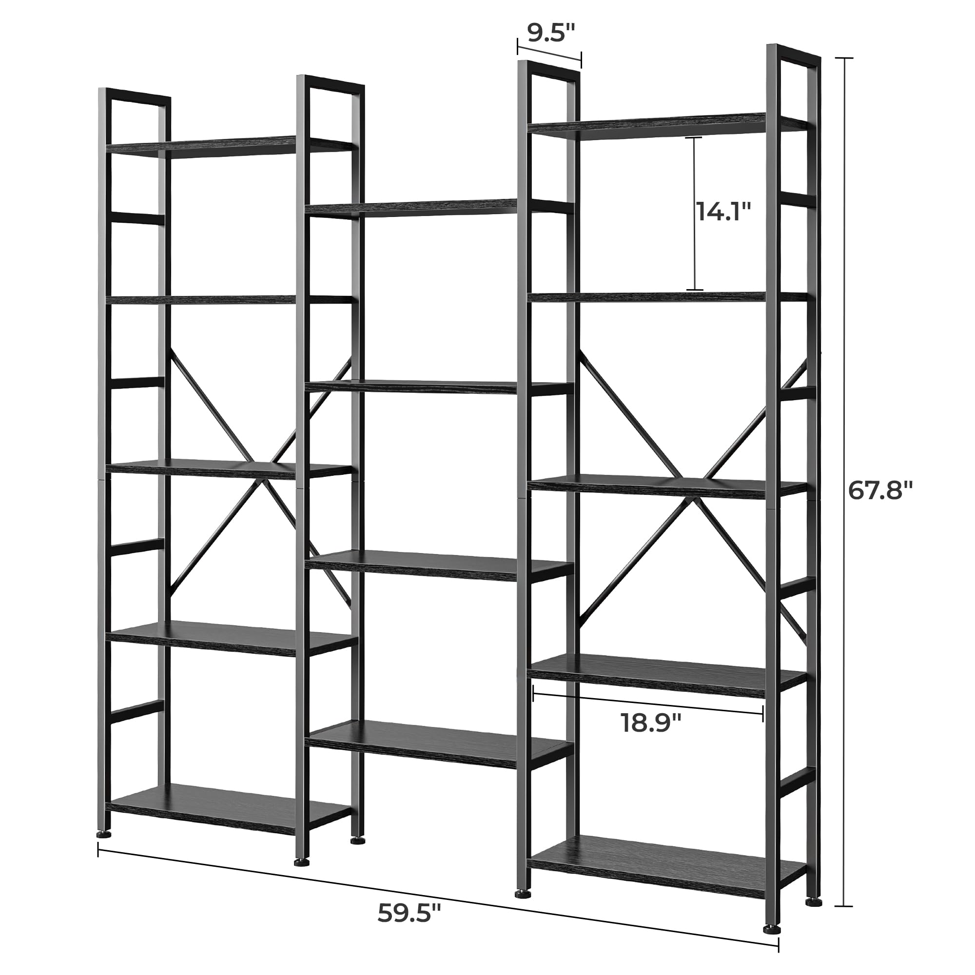 SUPERJARE Triple Bookshelf, Bookcase with 11 Open Display Shelves, Wide Book Shelf Book Case for Home & Office, 4 Tier, Black