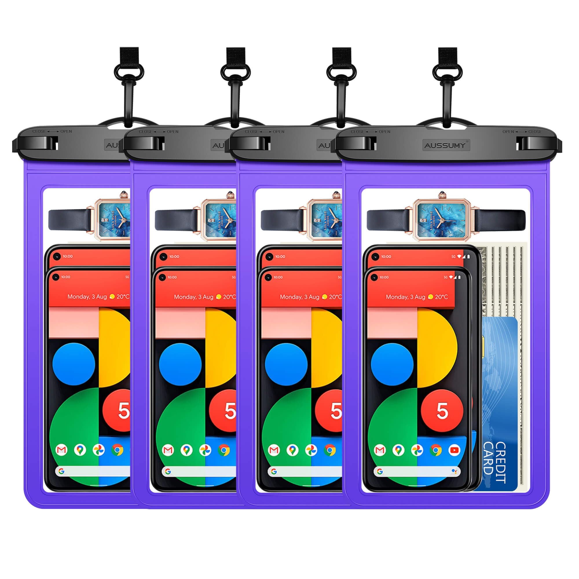 4 Pack 10.5“ Large Waterproof Phone Pouch - Underwater Clear Cell Holder - Universal Water Proof Dry Bag with Neck Lanyard for iPhone 16 Pro Max Samsung Galaxy with Heavy Case for Beach Swimming Pool