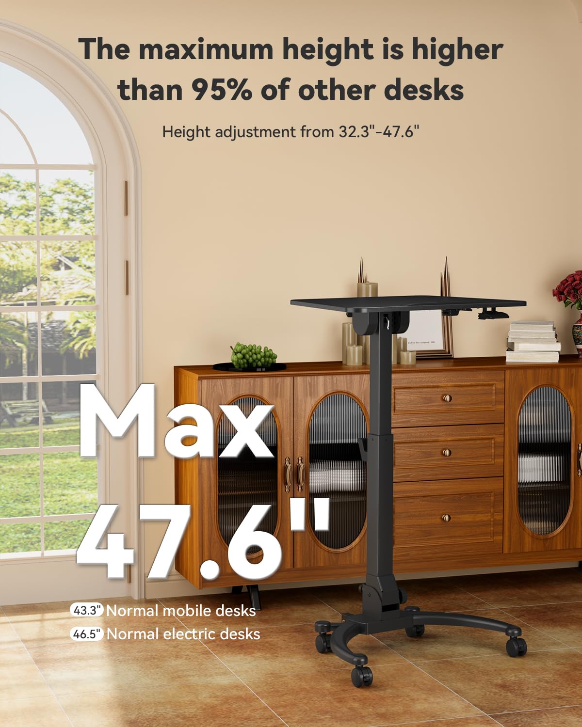 JOY worker Foldable Mobile Standing Desk, Height Adjustable Sit Stand Desk, 90° Tiltable Rolling Laptop Table, Portable Workstation with Non-Slip Mat for Home Office, Holds Up to 22lbs, Black