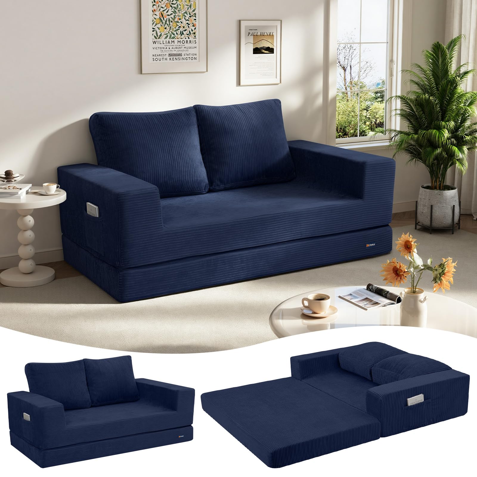 COMAX Futon Sofa Bed, 4‑in‑1 Convertible Sofa Bed, Folding Boneless Couches | Boneless Couch for living room, Fold Out Small Foldable Loveseat Floor Sleeper Mattress Lounge Space‑Saving, Ash Gray