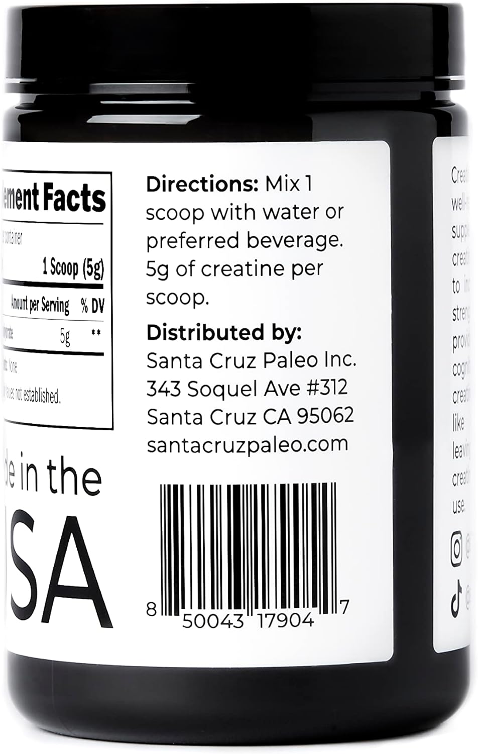 Santa Cruz Paleo, Creatine Monohydrate Powder Micronized, Unflavored Pre Workout and Muscle Support Supplement, Gluten Free Keto, Mix with Water or Shakes, No Fillers or Additives, 80 Servings, 400g