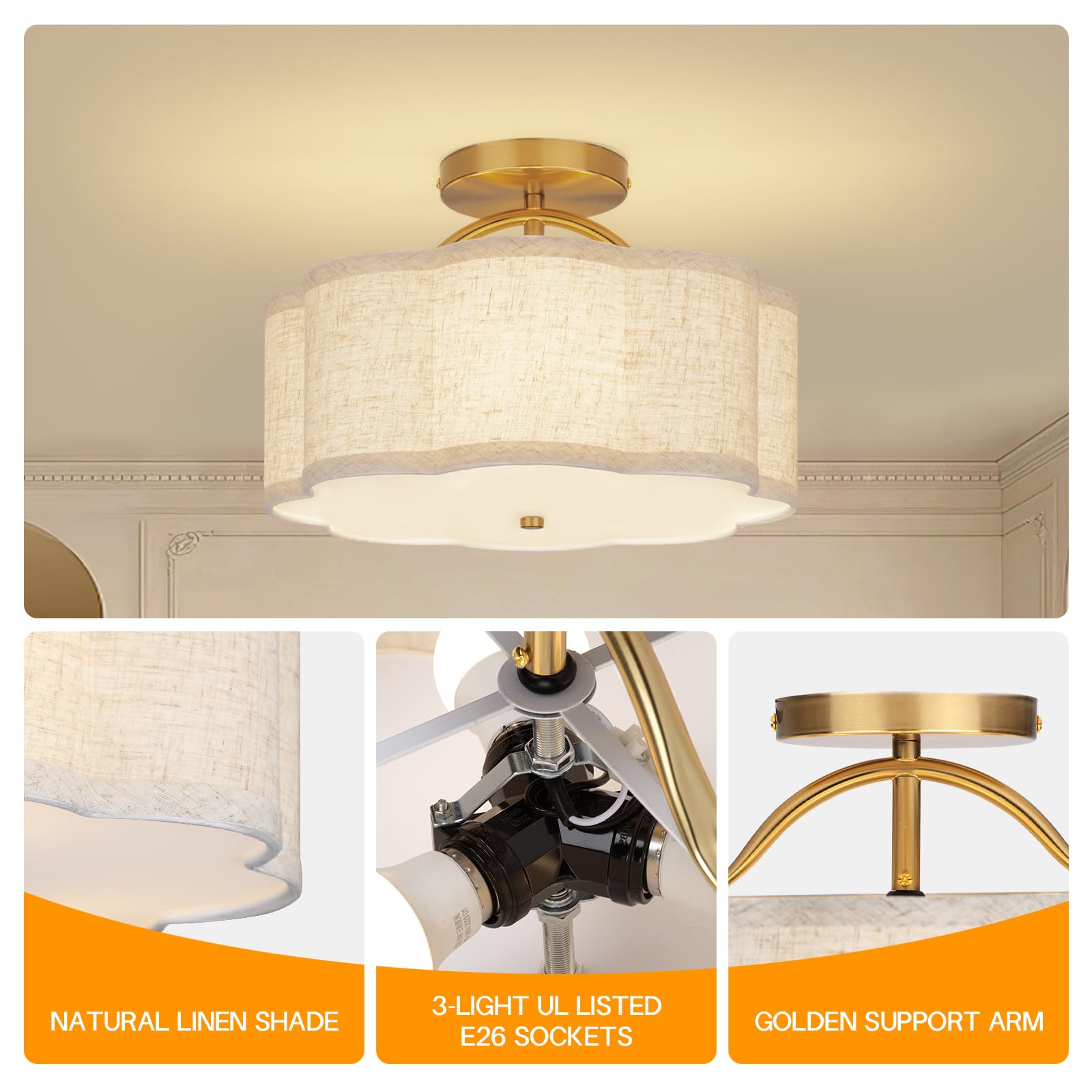 CALOKES Semi Flush Mount Ceiling Light, 11.8" Modern 3-Light Fixture with Petal-Shaped Cream White Fabric Shade and Golden Support Arm, Ideal for Bedroom, Kitchen, Living Room, Hallway, and Entryway