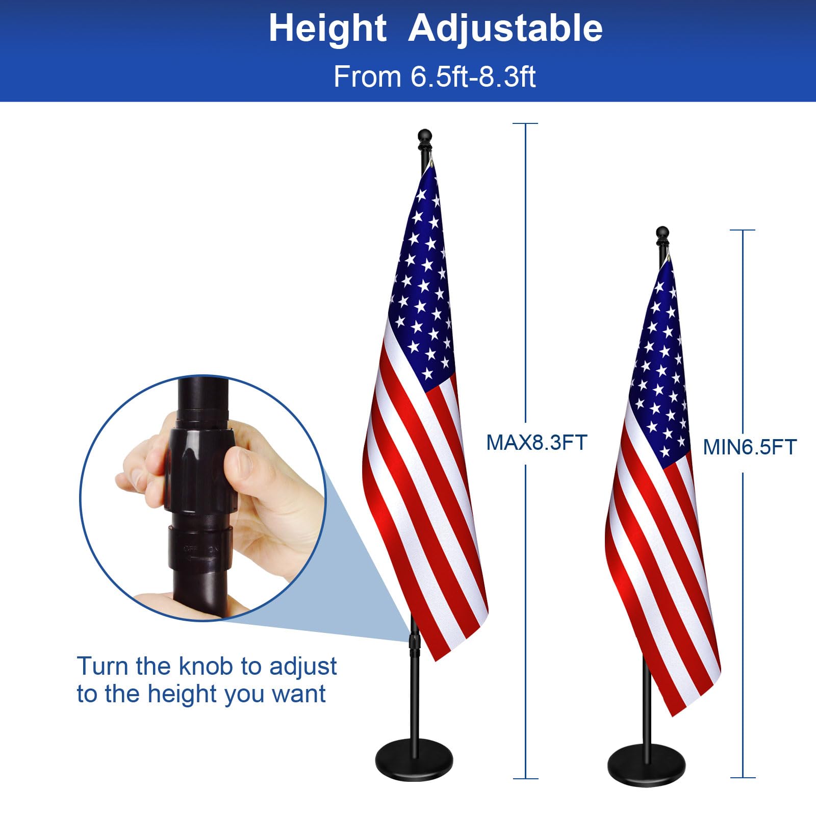 Indoor Flagpole with Base,Telescoping Flag Pole 6FT-8FT, Flagpoles Rotate 360 Degrees, 3X5 USA Flag-Heavy Duty Water Resistant Polyester Canvas Embroidered Stars. Suitable for Office, Auditorium, School, Use (1-pack)