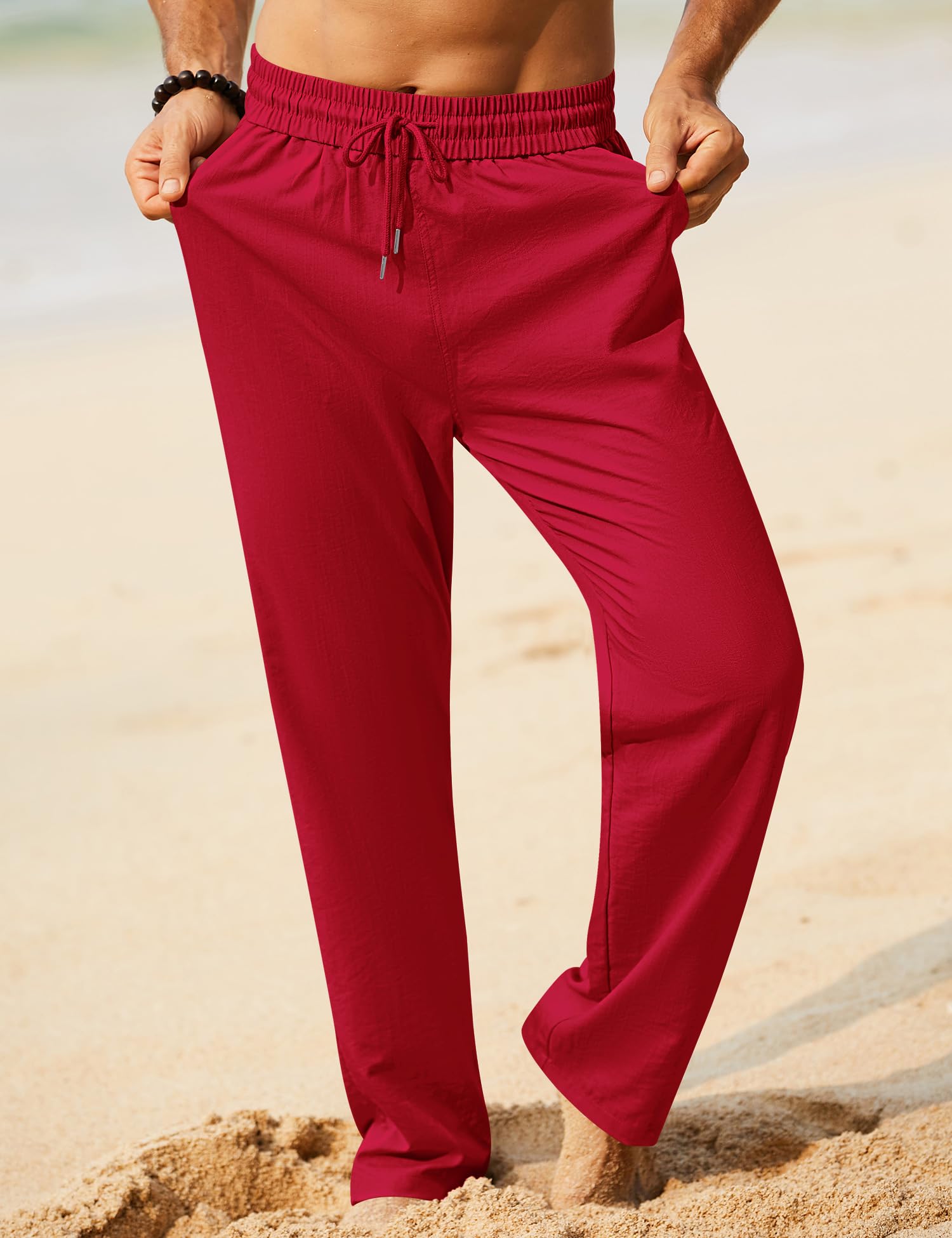 iWoo Linen Pants Men Casual 2025 Summer Beach Elastic Drawstring Waist Yoga Pants Travel Baggy Work Pant Pajama