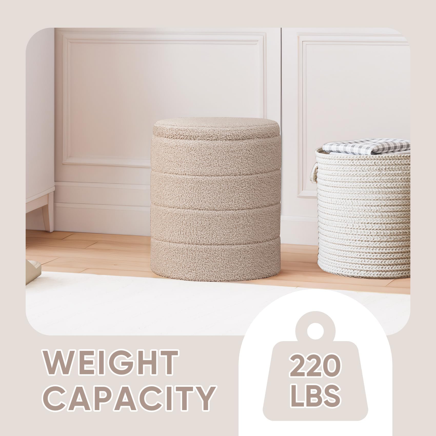 PINPLUS Round Storage Ottoman Foot Rest Stool with Tray Velvet Sherpa Folding Storage Ottoman,Boucle Foot Rest for Living Room, Bedroom, Dorm（Beige）