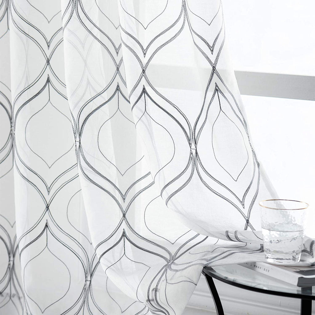 VISIONTEX Sheer Curtains 63 Inches Long 2 Panels Set, Beige and Ivory Moroccan Embroidery Texture Geometric Rod Pocket White Voile Tulle Semi Window Treatment Pair for Bedroom, W54 x L63