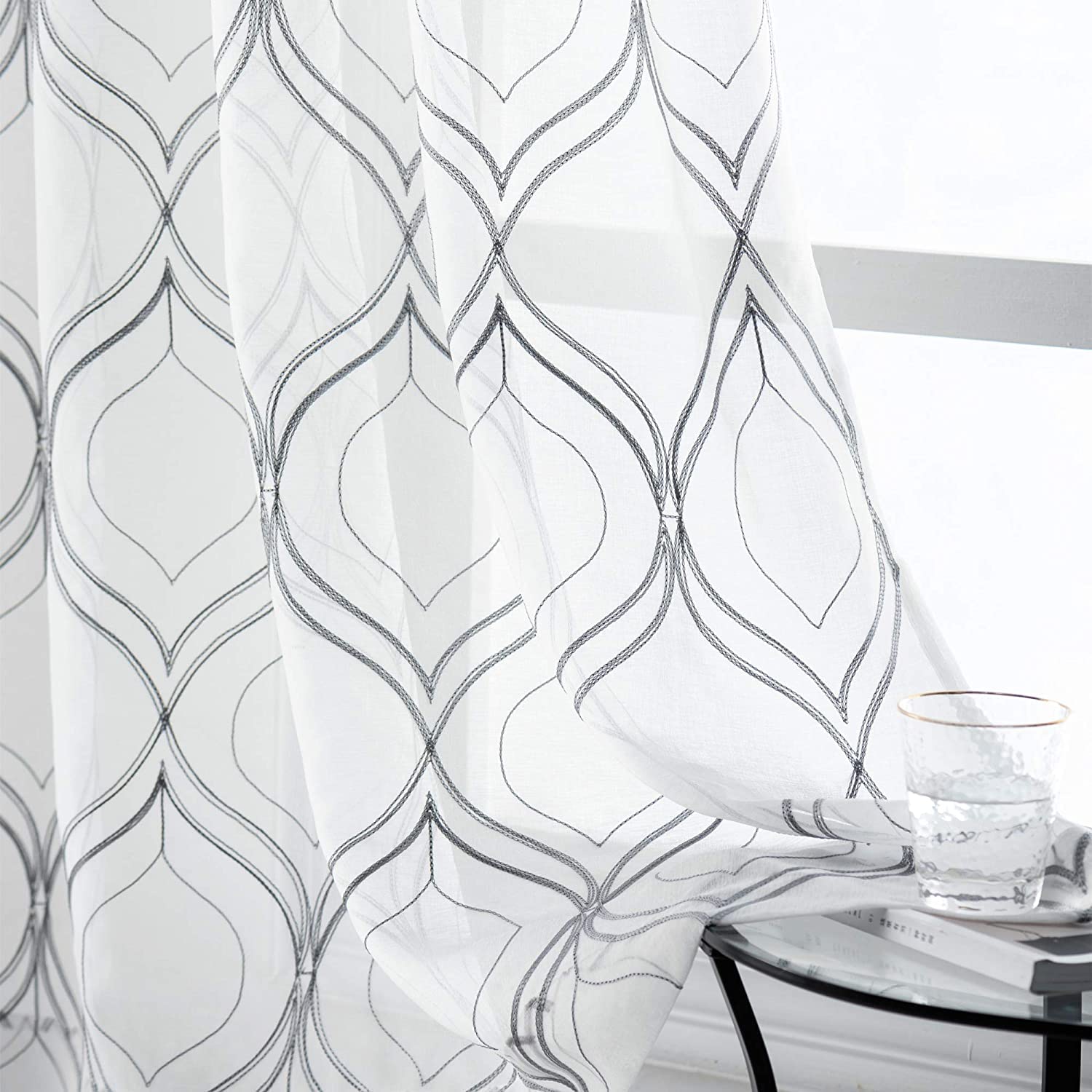 VISIONTEX Sheer Curtains 63 Inches Long 2 Panels Set, Beige and Ivory Moroccan Embroidery Texture Geometric Rod Pocket White Voile Tulle Semi Window Treatment Pair for Bedroom, W54 x L63