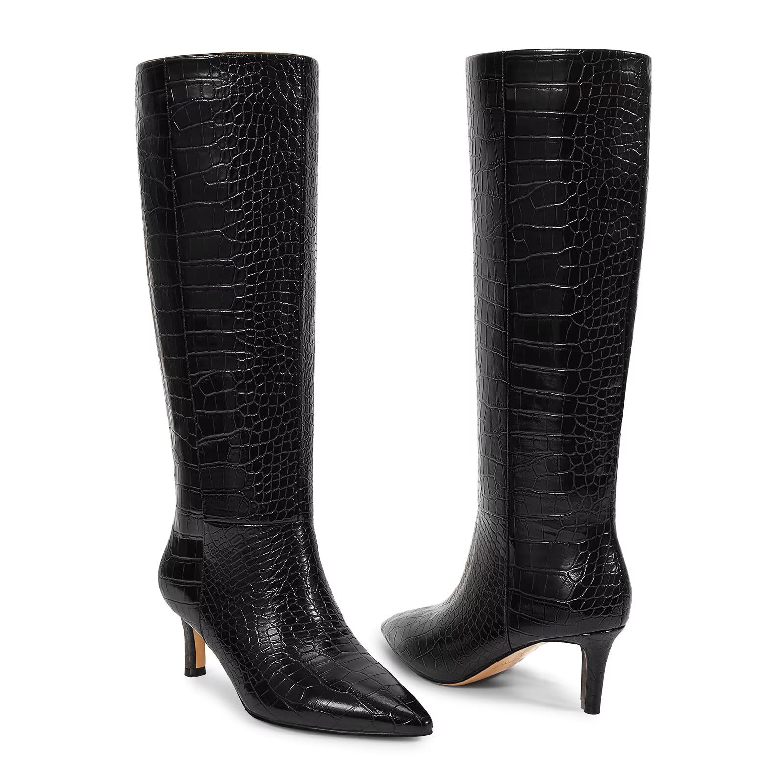 wetkiss Knee High Boots for Women - Pointed Toe Kitten Heel & Crocodile, Side Full Zipper for Easy Wear, All-Day Comfort Boots for Work, Party and Daily Chic Style