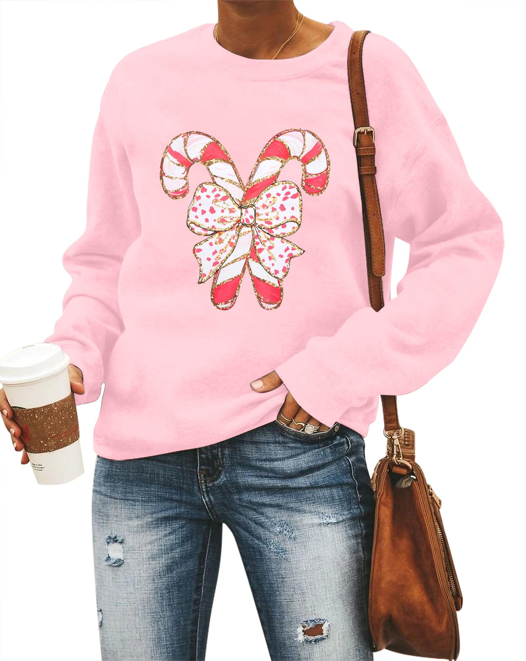 Christmas Sweatshirts Women Candy Canes Graphic Sweatshirt Vintage Xmas Long Sleeve Shirt Pullover Tops